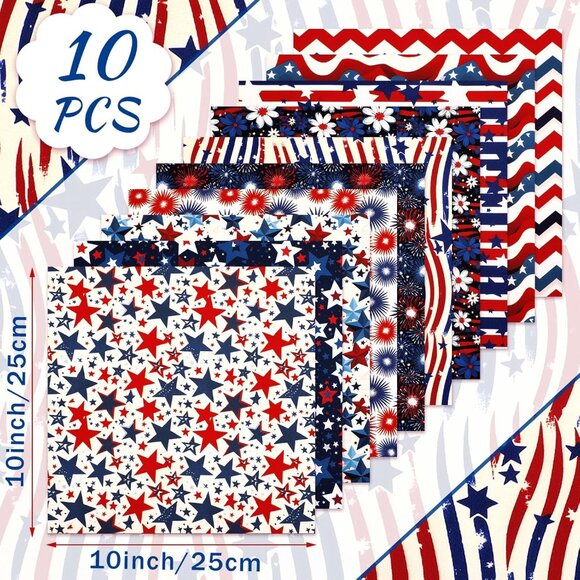 10 Pcs Patriotic Quilting Fabric Squares Bundle, Red White Blue 20x20 Inches for - Picture 2 of 6